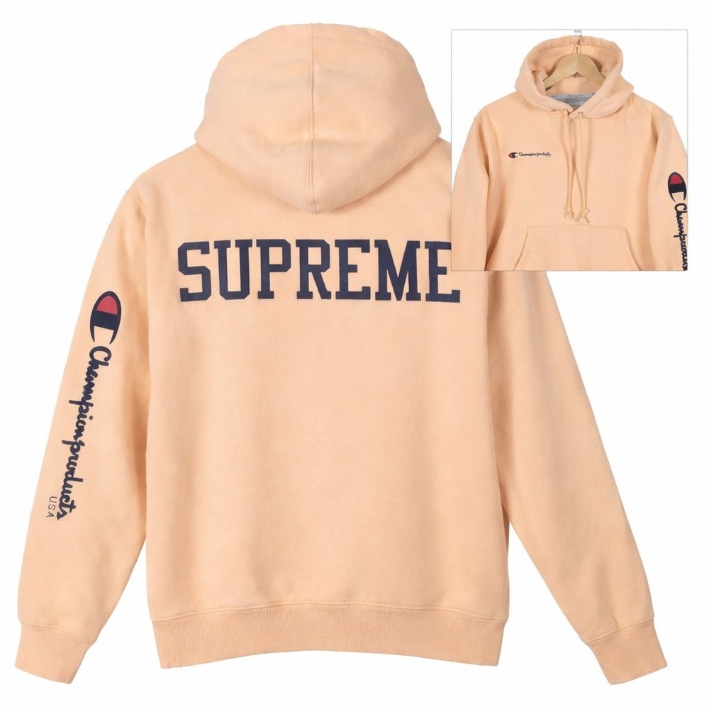 Supreme x Champion Hoodie Small Peach Heavyweight Back‎ Logo Spellout Sweatshirt